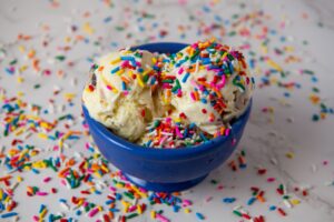 Blue bowl of ice cream with sprinkles from Maine Coast Creamery